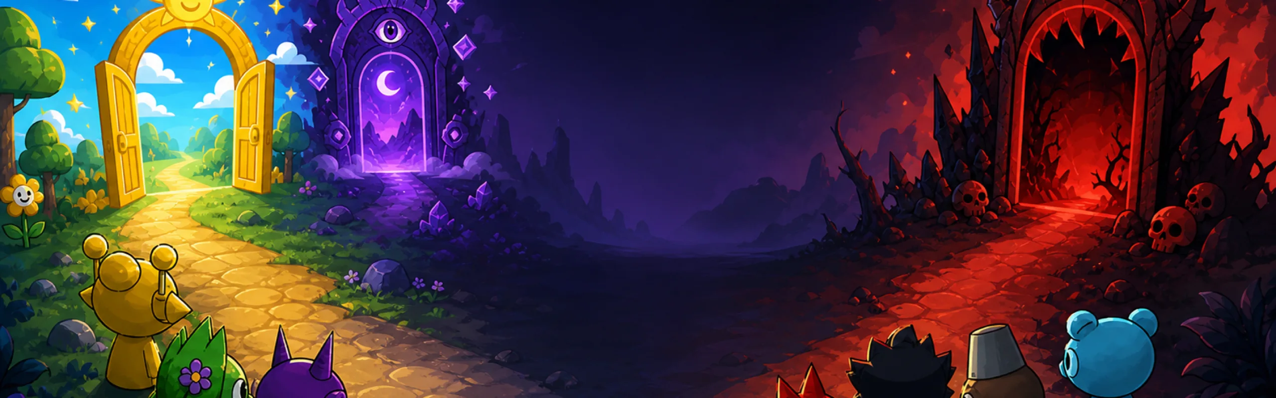 Sprunki Endings Games hero background with happy, secret, and horror paths